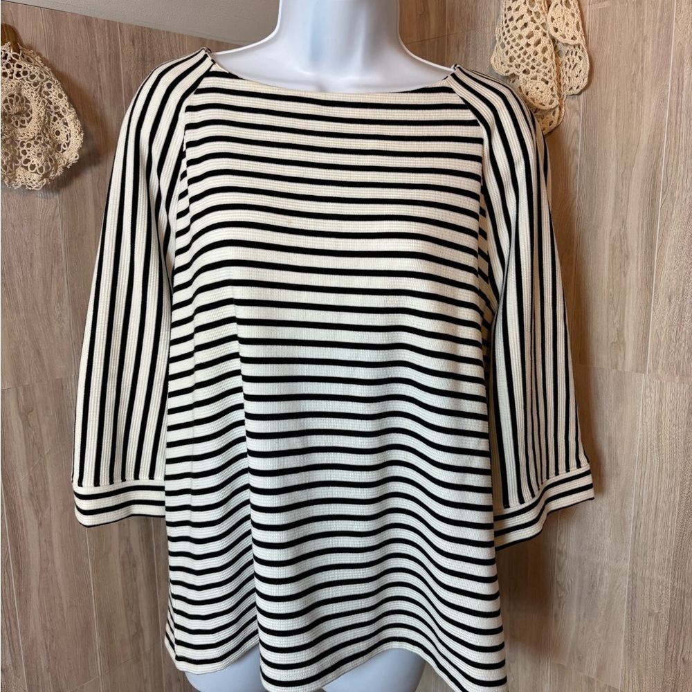 Chico's Monochrome Black and White Striped Zip-Up Top